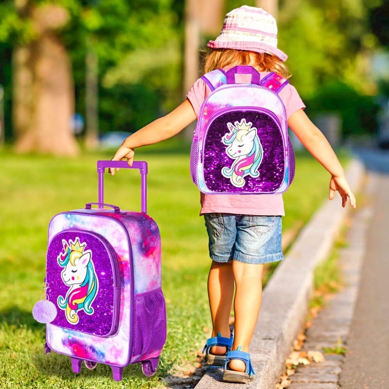 FTJCF Store 2PCS Girls Suitcase Set, 18" Kids Unicorn Carry on Luggage with Wheels, Cute Sequin Children Travel Rolling with 12" Toddler Backpack(Purple) - Image 2
